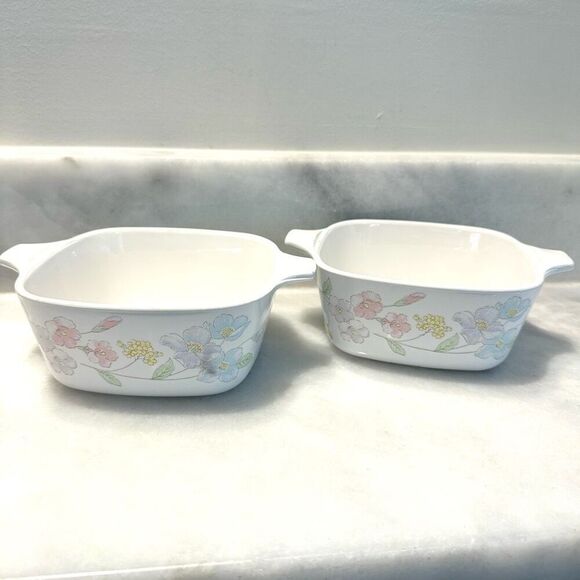 Vtg 80s Set Of 2 Corningware Pastel Bouquet Square Casserole Multicolor 700ml - Picture 5 of 5